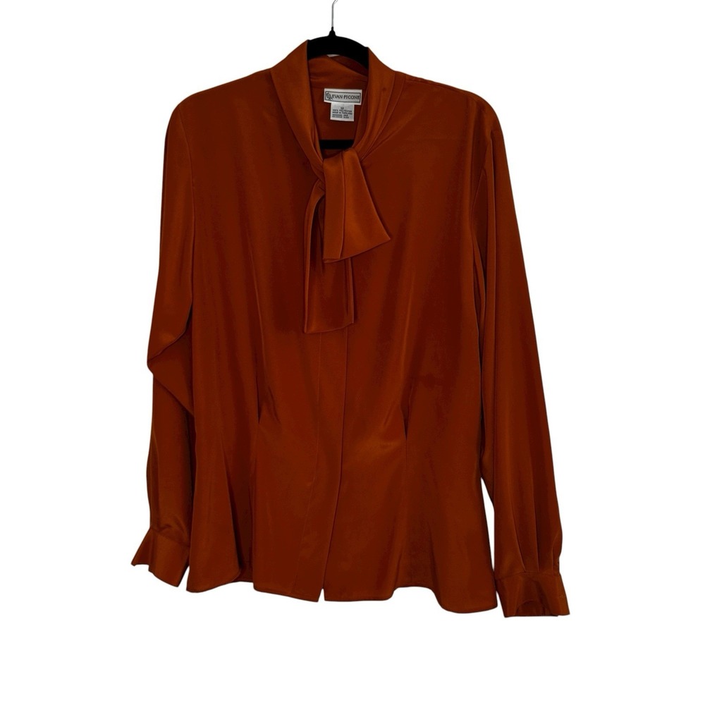 NWT Evan Picone VTG Burnt Orange Bronze Tie‎ Collar Blouse Size 12 Fall Autumn